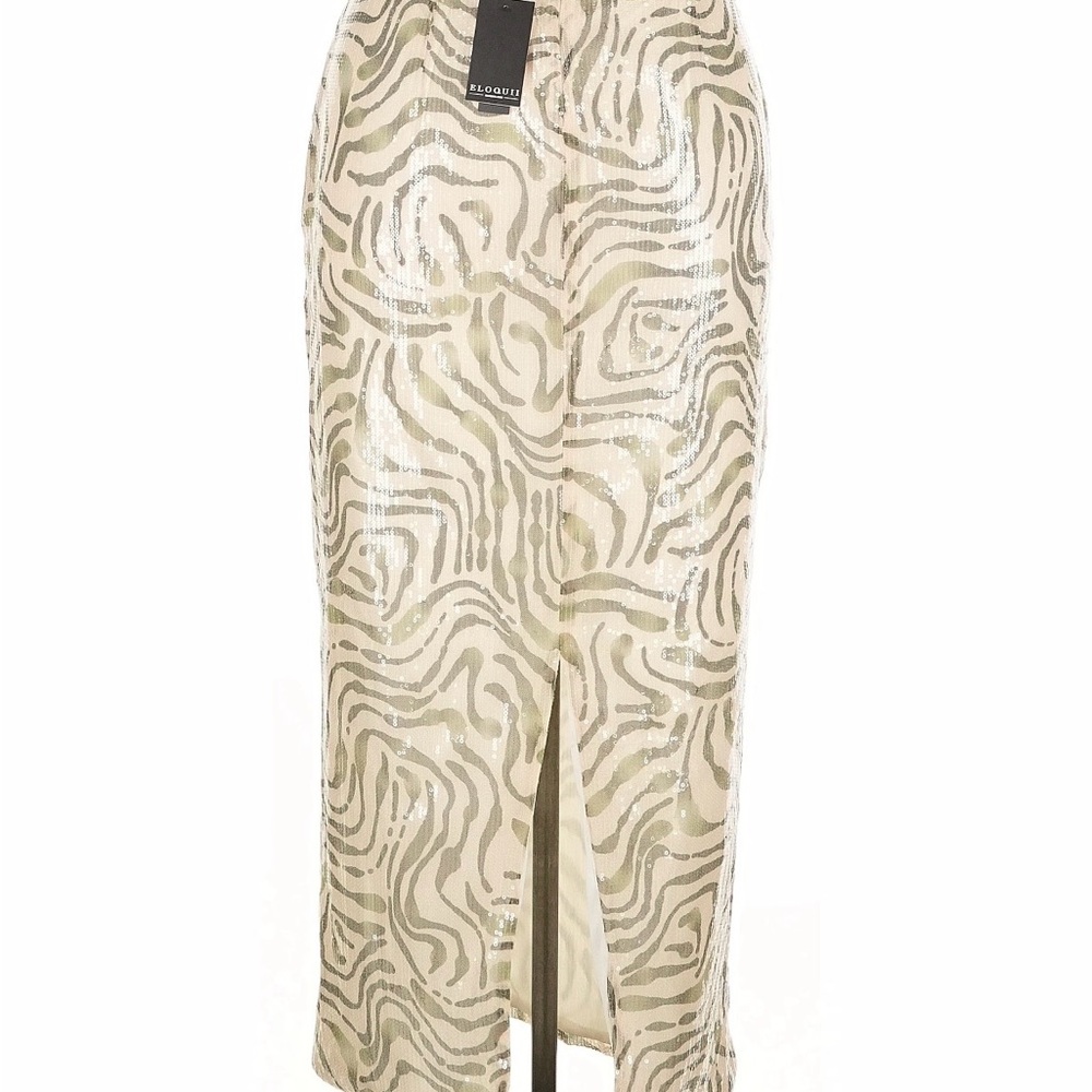 Eloquii NWT Sz 14 Zebra Patterned Sequined Maxi Skirt in Cream and Green - Picture 3 of 8